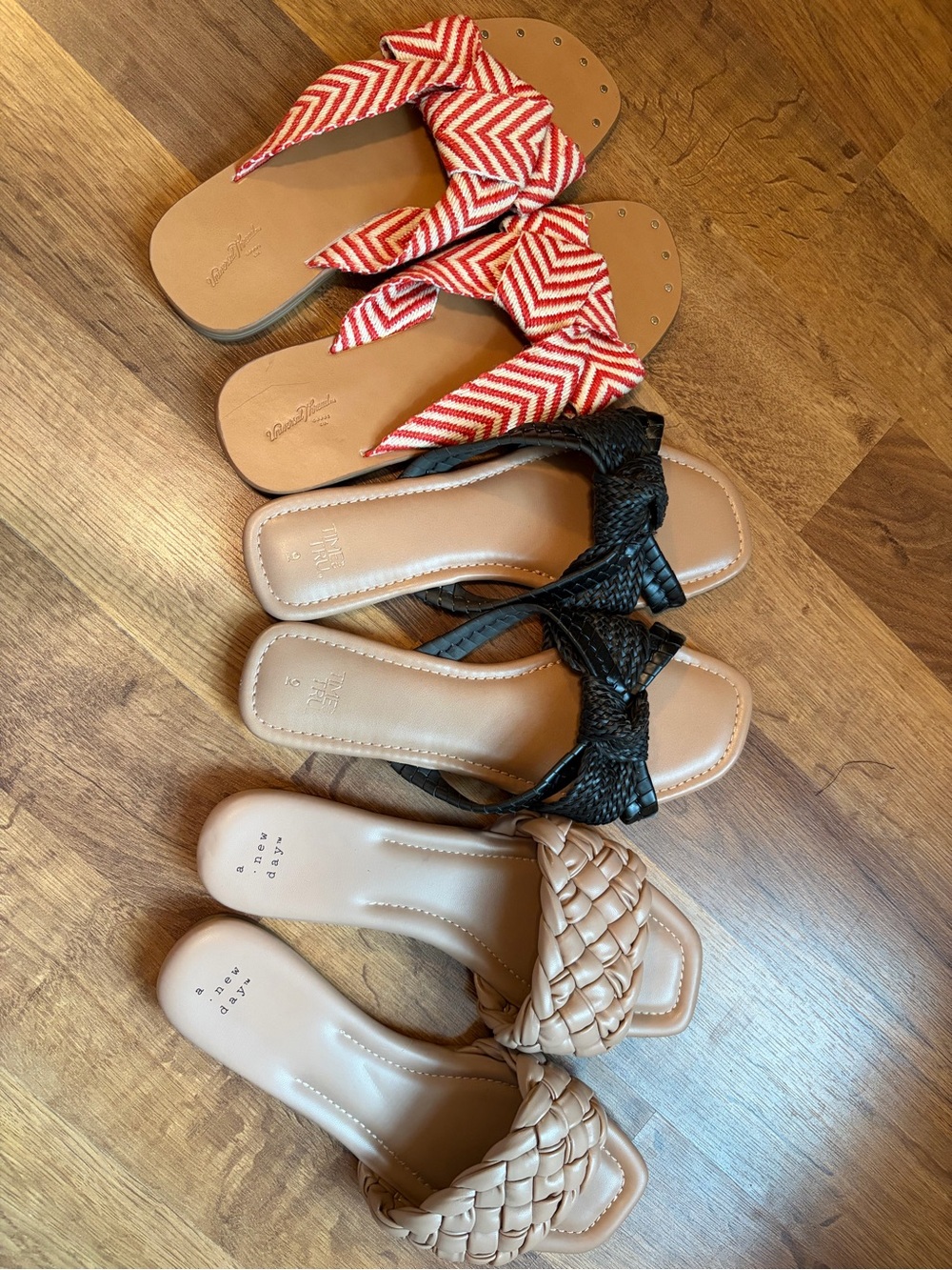 Braided and Knotted Slide Sandals — Red, Black, Tan